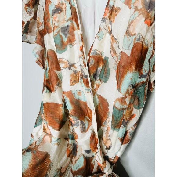 TANYA TAYLOR Floral Brown White Wrap Ruffle Sleeves Floral Blaire Dress Size 4 - Picture 12 of 13